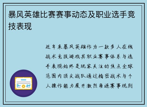 暴风英雄比赛赛事动态及职业选手竞技表现